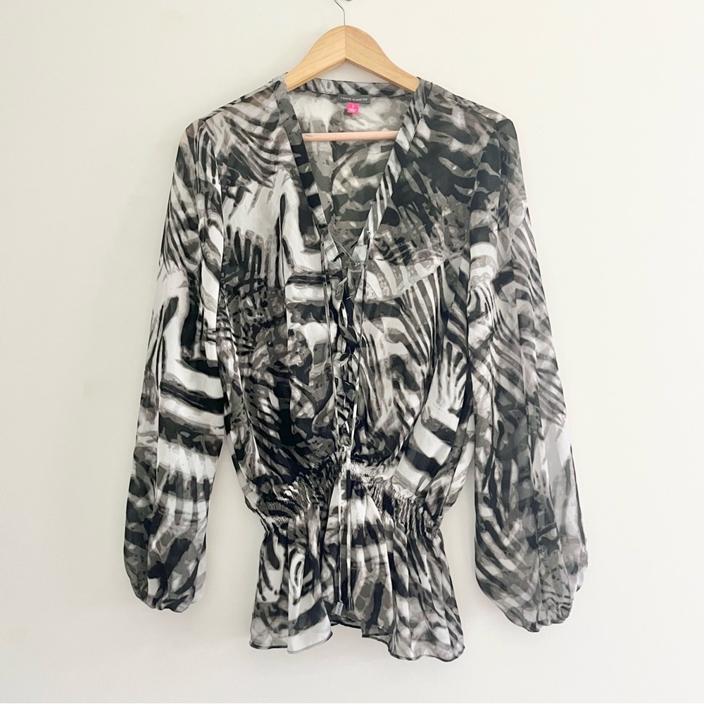Vince Camuto Sheer Zebra Style Cinch Waist Blouse V Neck w Pullstring Small